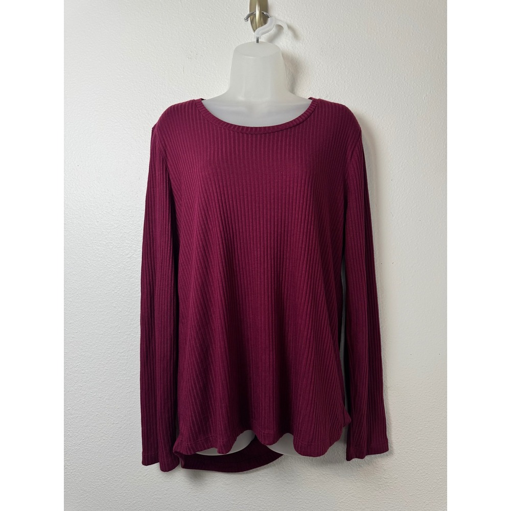 PajamaGram Women Ribbed Long Sleeve Pajama Top Dark Pink Burgundy Large Tall